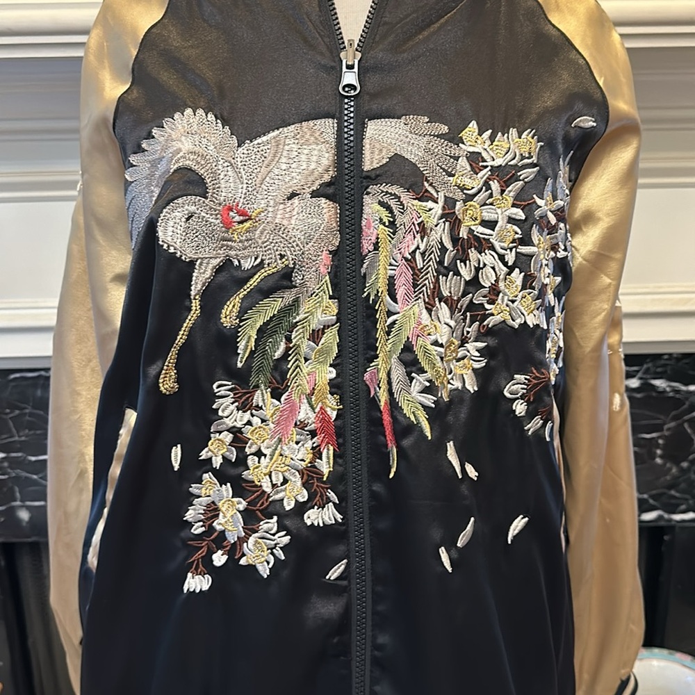 Embroidered Satin black & gold reversible bomber jacket - Picture 2 of 6